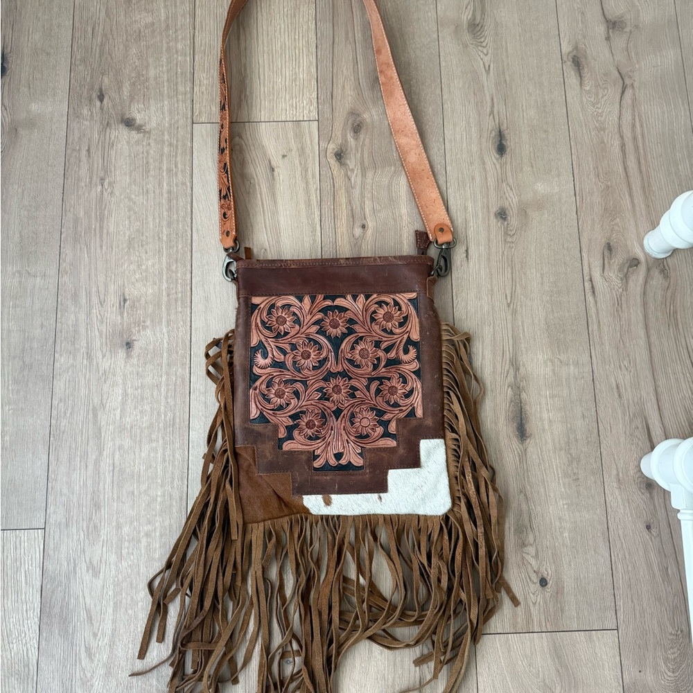 Brown Crossbody Bag with Floral Design and Fringe